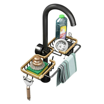 Küchen Organizer für Wasserhahn – Schwammhalter mit Haken, Tropfgestell für Seife und Küchenzubehör