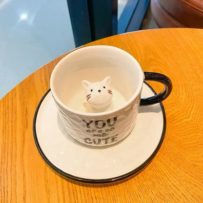 Keramik Katzenbecher mit Pfotendesign – 3D Tassen-Set mit Unterteller, für Kaffee & Tee