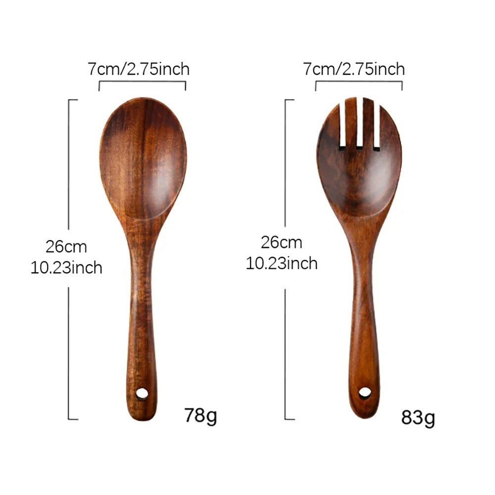 2-teiliges Servies Set aus Holz – Große Löffel und Gabel im japanischen Stil für Salat und Servieren – Langer Griff, Küchenutensilien