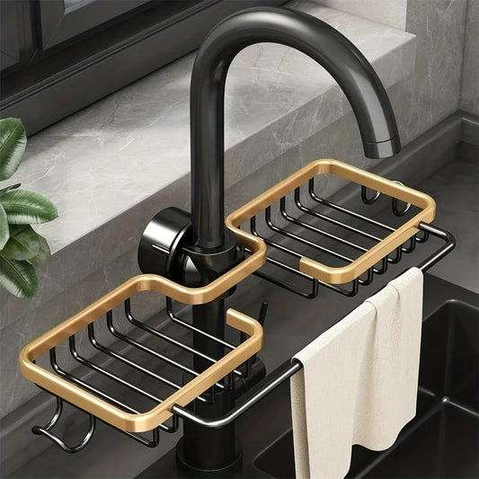 Küchen Organizer für Wasserhahn – Schwammhalter mit Haken, Tropfgestell für Seife und Küchenzubehör