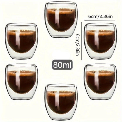 6-teiliges Espresso Tassen Set – 80ml Gläser, Doppelwandige Isolierung, Perfekt für Kaffee, Tee, Milch, Latte und Cappuccino