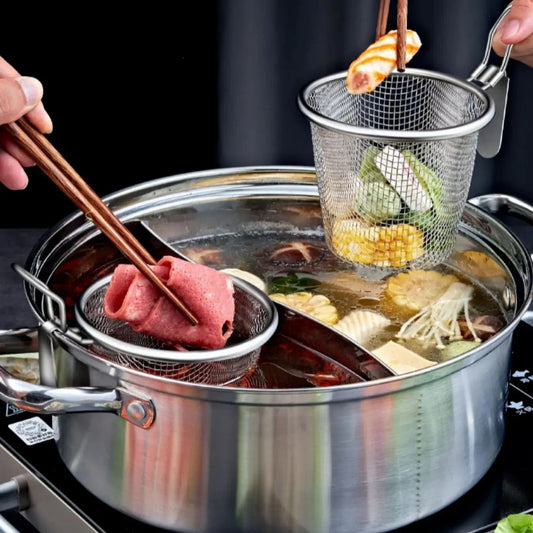 2-teiliges RVS Sieb-Set für Shabu Shabu Fleisch- und Brühen-Abtropfen, Haushalts-Trichter und Haken, 9x8 cm