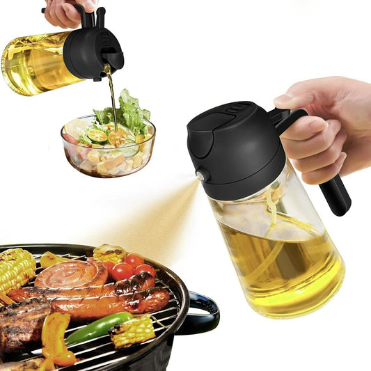 2-in-1 Ölspender und Sprühflasche aus Glas – Nachfüllbarer Olivenölspender für Küche, BBQ, und Salate – 470 ml