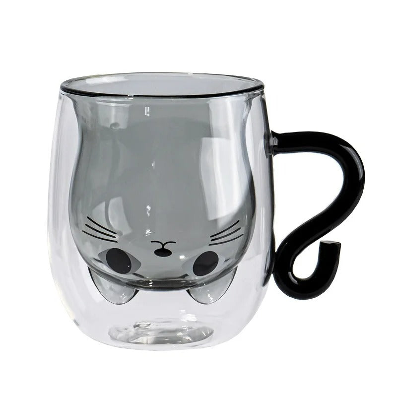 Doppelwandiger Katzen-Glasbecher mit Henkel – 280ml
