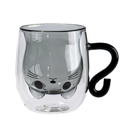 Doppelwandiger Katzen-Glasbecher mit Henkel – 280ml