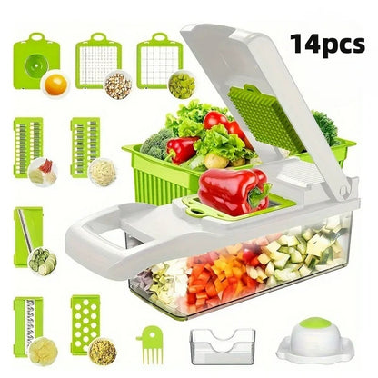 14-teiliger Multifunktionaler Gemüseschneider – Kartoffelschneider, Reibe, Würfelschneider für Salat & Gemüse
