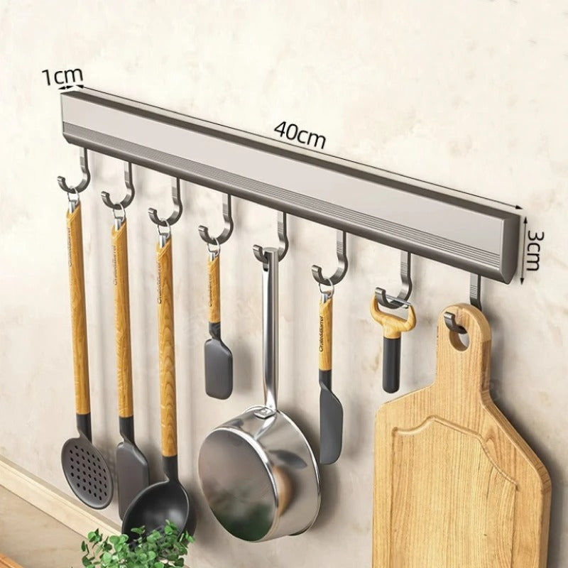 Aluminium Küchenhakenleiste Wandmontage Bohrfrei – 8/10 Haken, Verstellbar