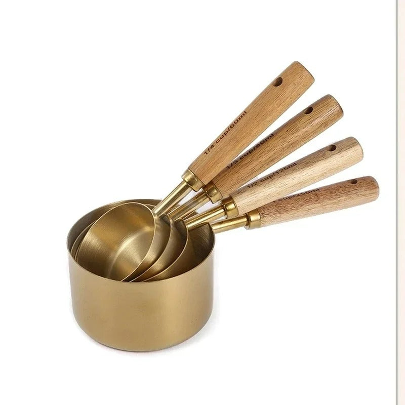 8-teiliges Edelstahl Messbecher- und Löffel-Set mit Holzgriff – Präzises Backen und Kochen